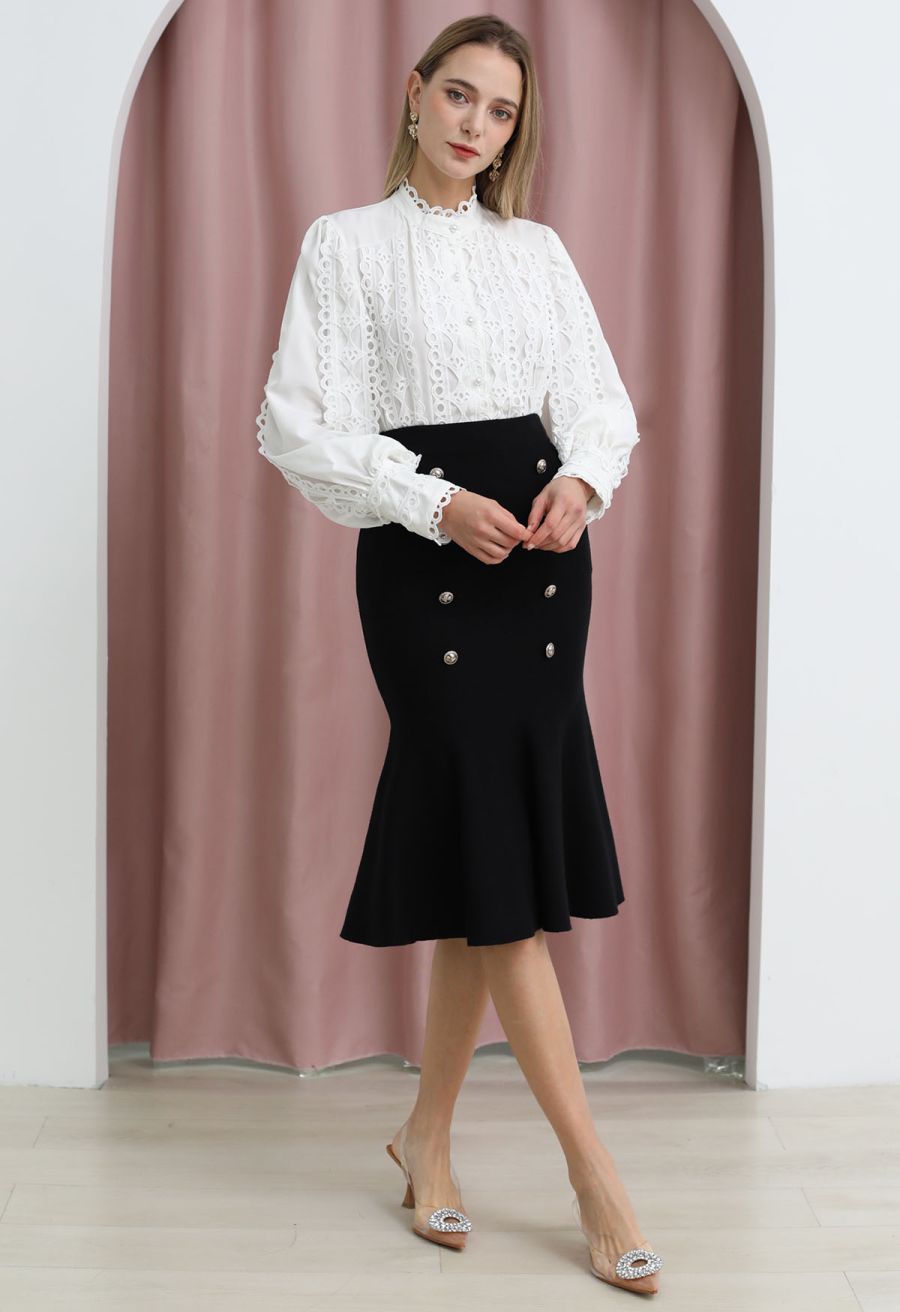 Exquisite Cutwork Bubble Sleeves Button-Up Shirt in White