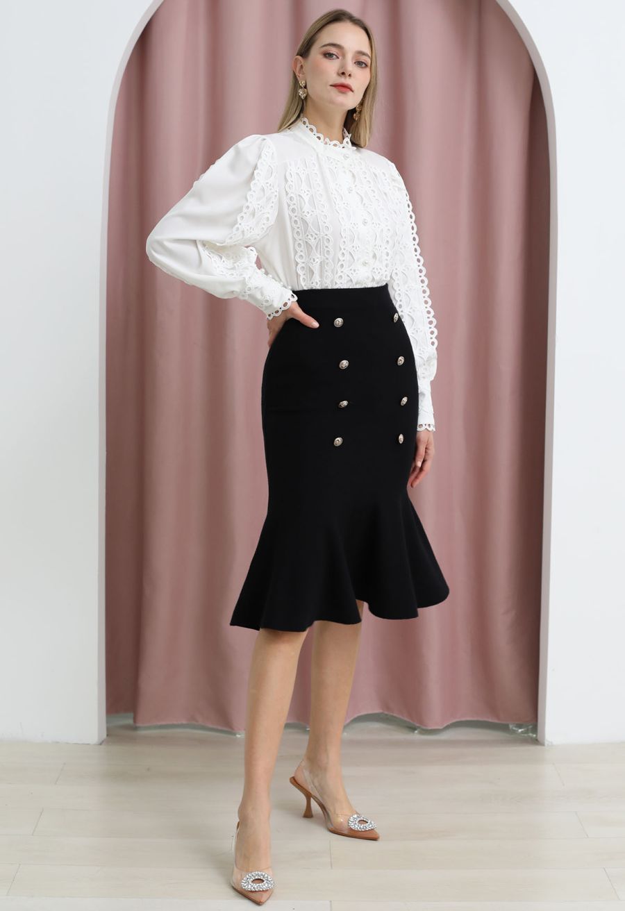 Exquisite Cutwork Bubble Sleeves Button-Up Shirt in White