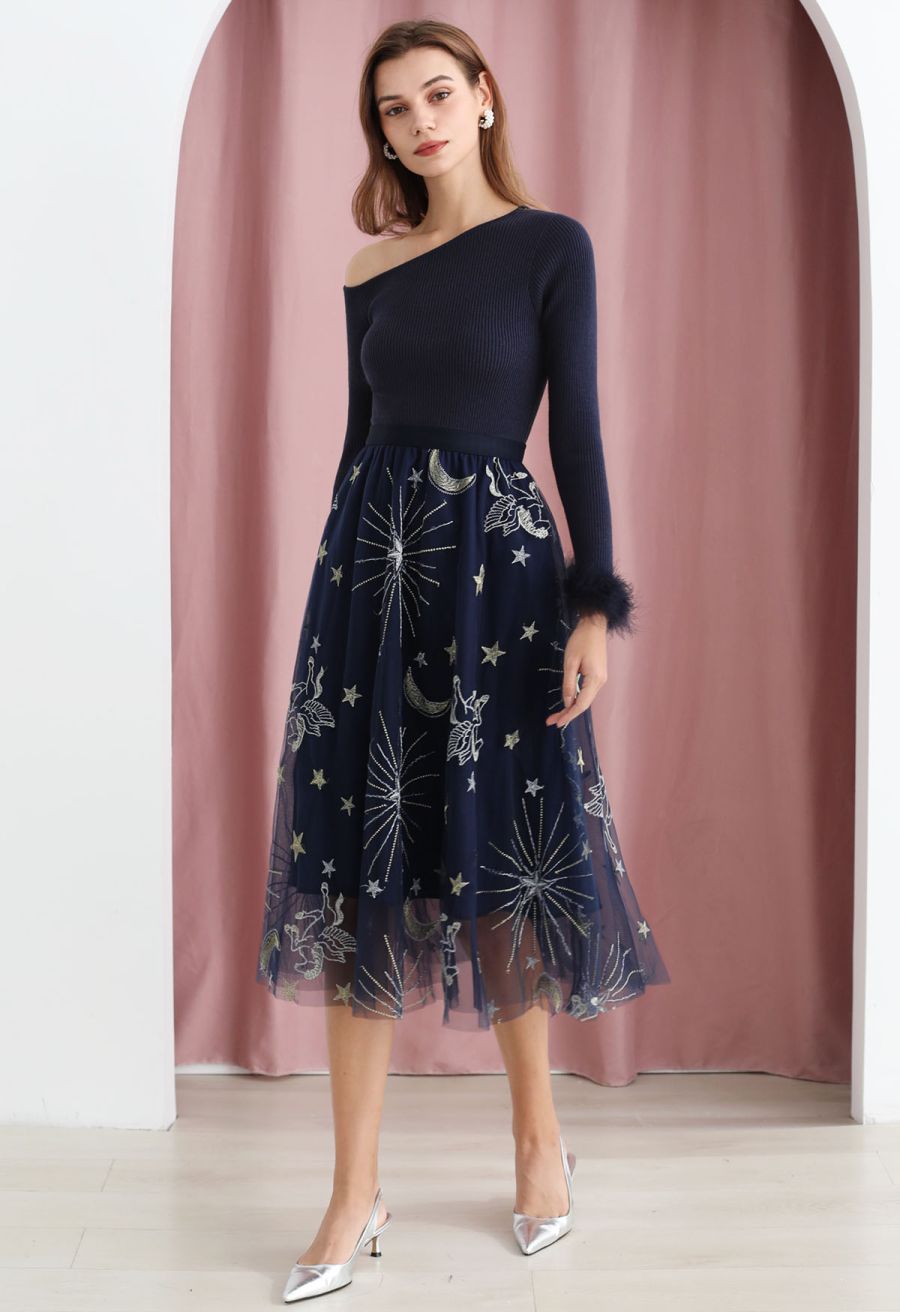 Mysterious Night Moon and Star Embroidered Mesh Tulle Skirt in Navy