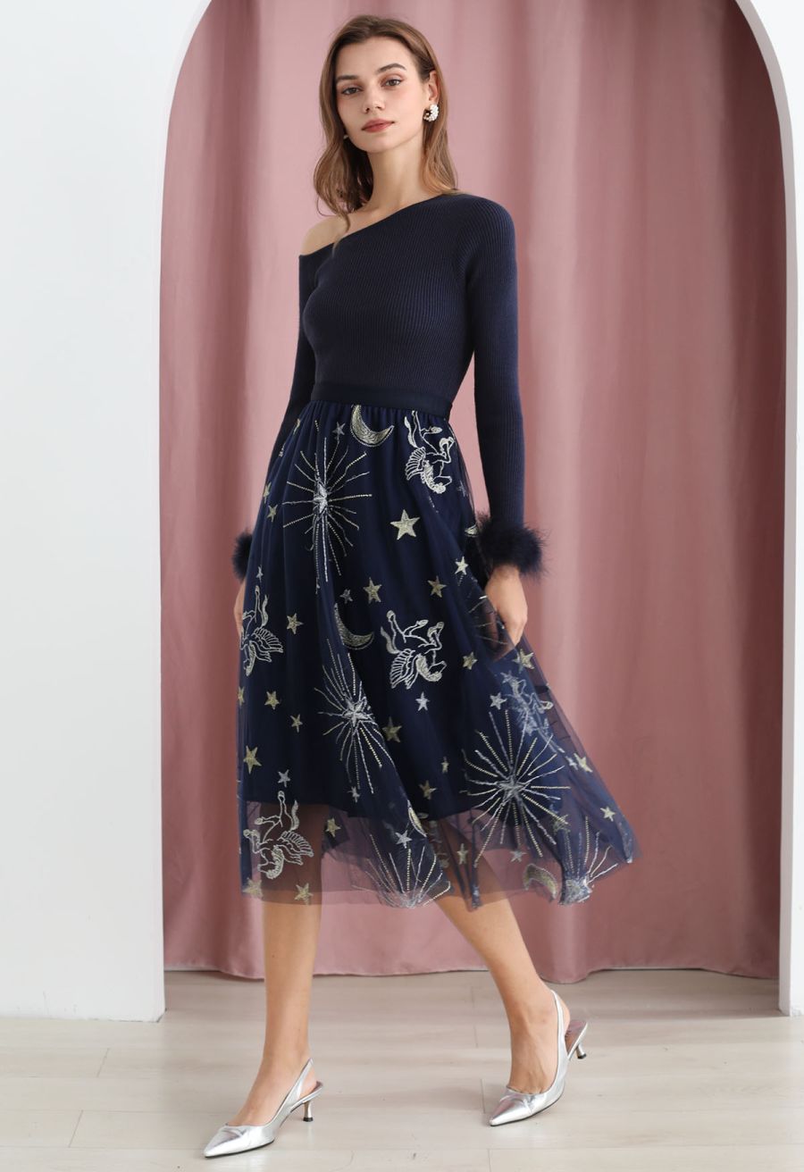 Mysterious Night Moon and Star Embroidered Mesh Tulle Skirt in Navy