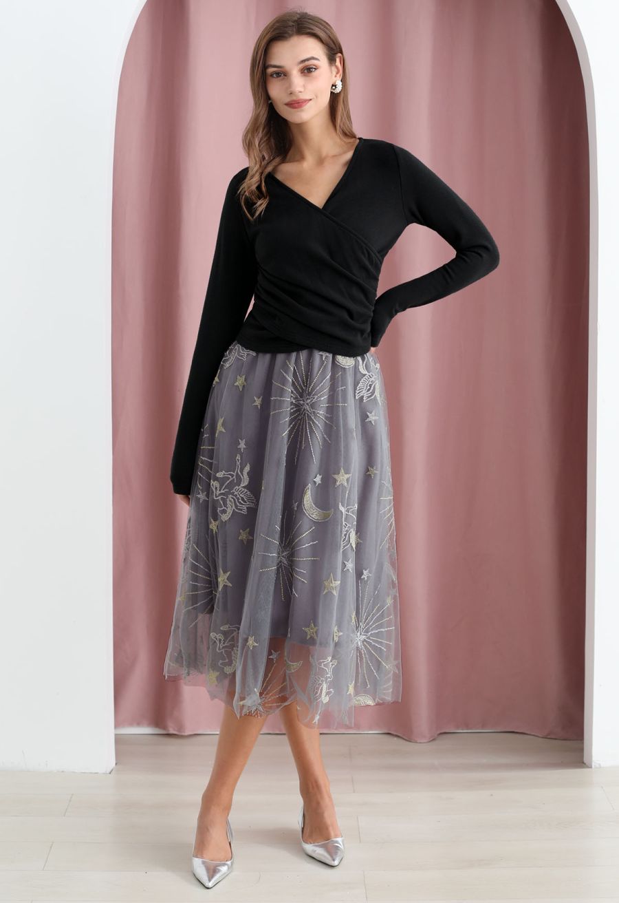 Cross V-Neck Long Sleeves Top in Black
