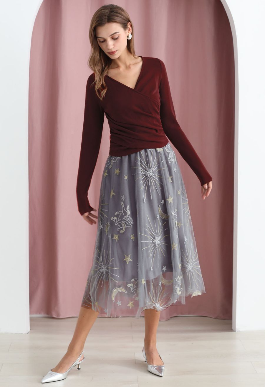 Cross V-Neck Long Sleeves Top in Burgundy