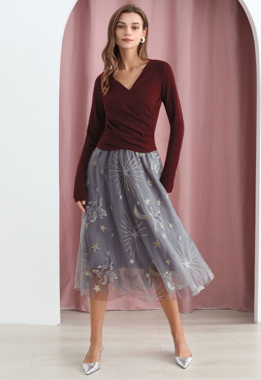 Cross V-Neck Long Sleeves Top in Burgundy
