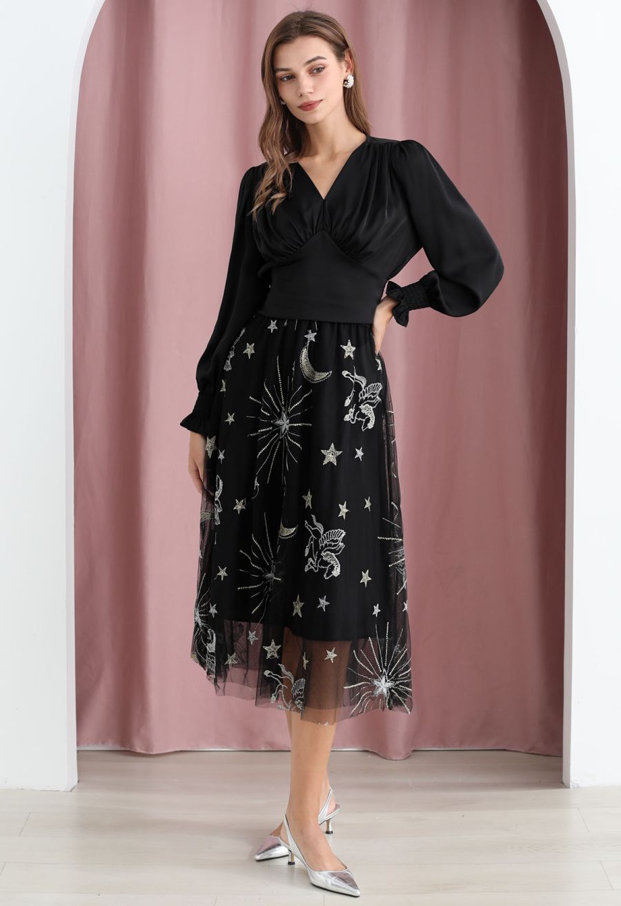Mysterious Night Moon and Star Embroidered Mesh Tulle Skirt in Black