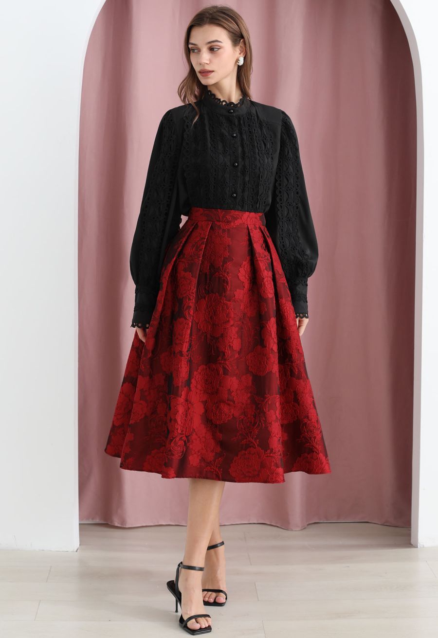 Blissful Red Floral Jacquard Pleated Midi Skirt