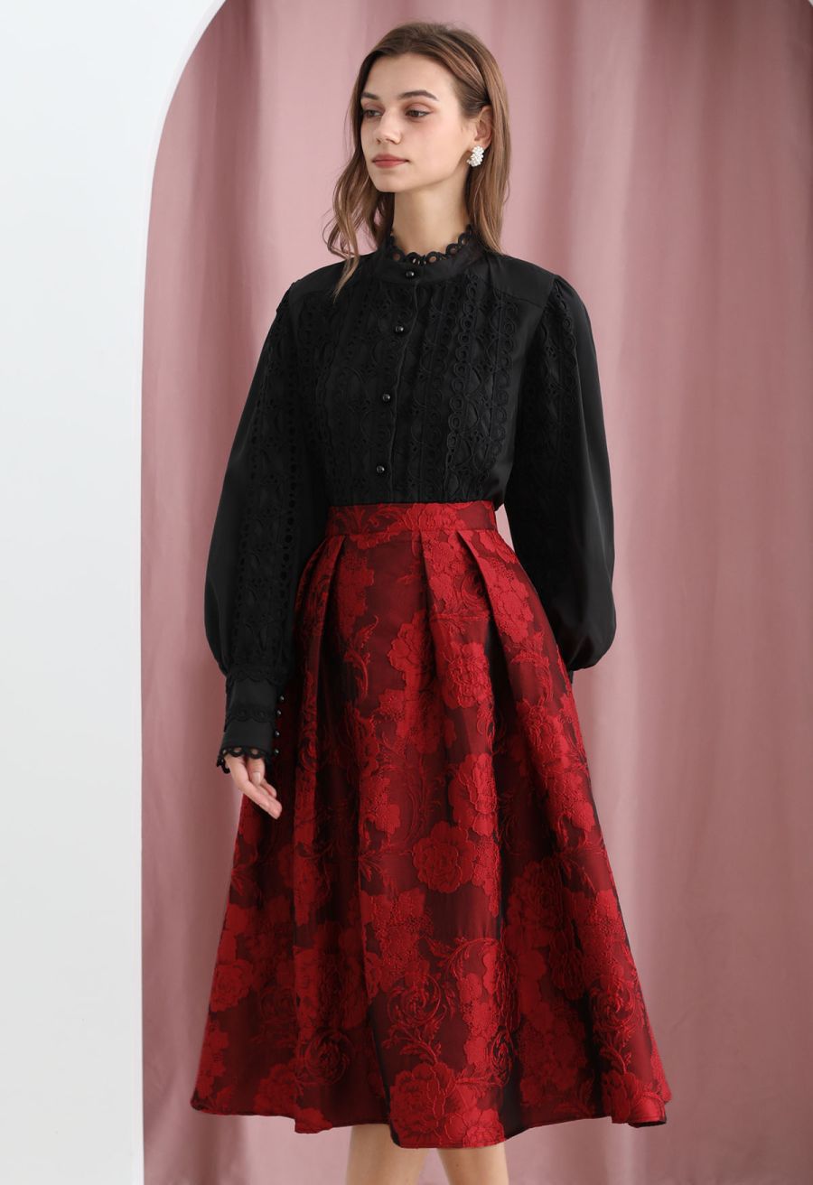 Blissful Red Floral Jacquard Pleated Midi Skirt
