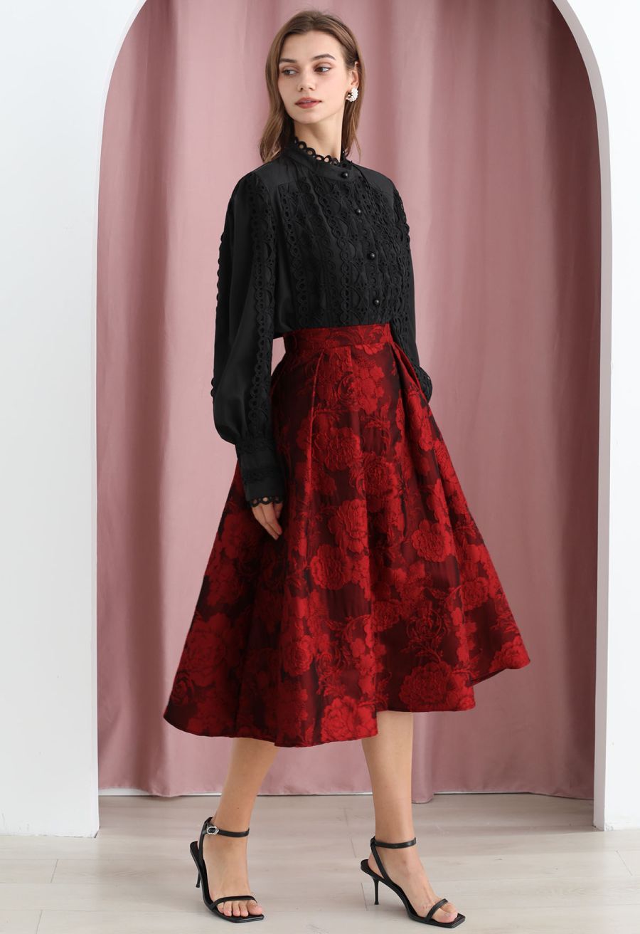 Blissful Red Floral Jacquard Pleated Midi Skirt
