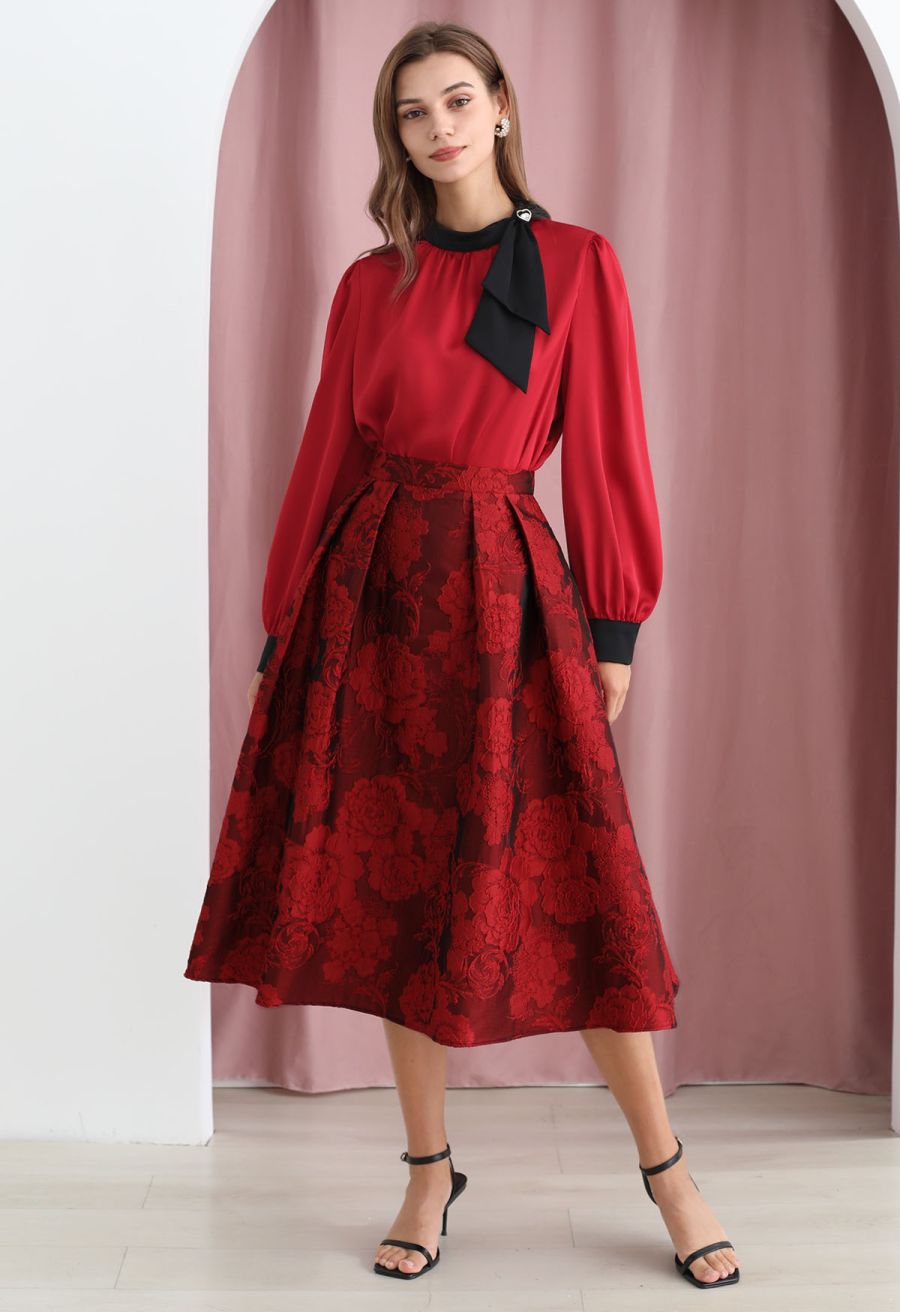 Blissful Red Floral Jacquard Pleated Midi Skirt