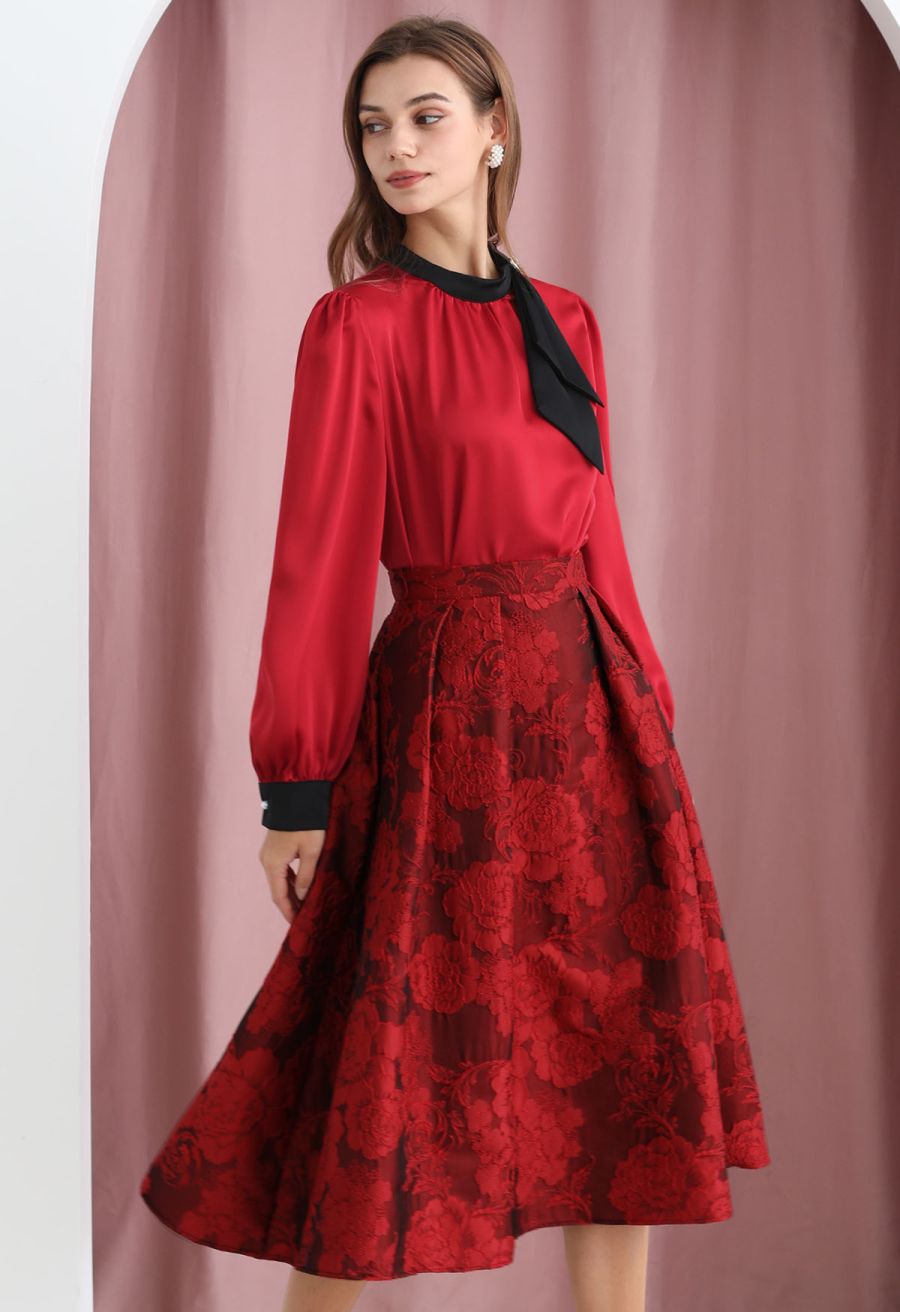 Blissful Red Floral Jacquard Pleated Midi Skirt