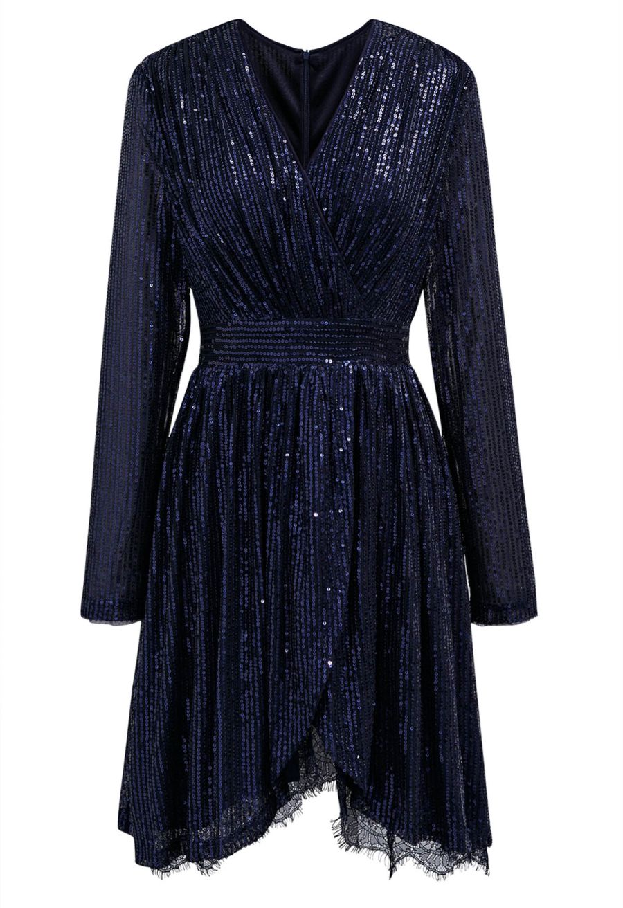 Faux-Wrap Overlap Hem Sequined Dress
