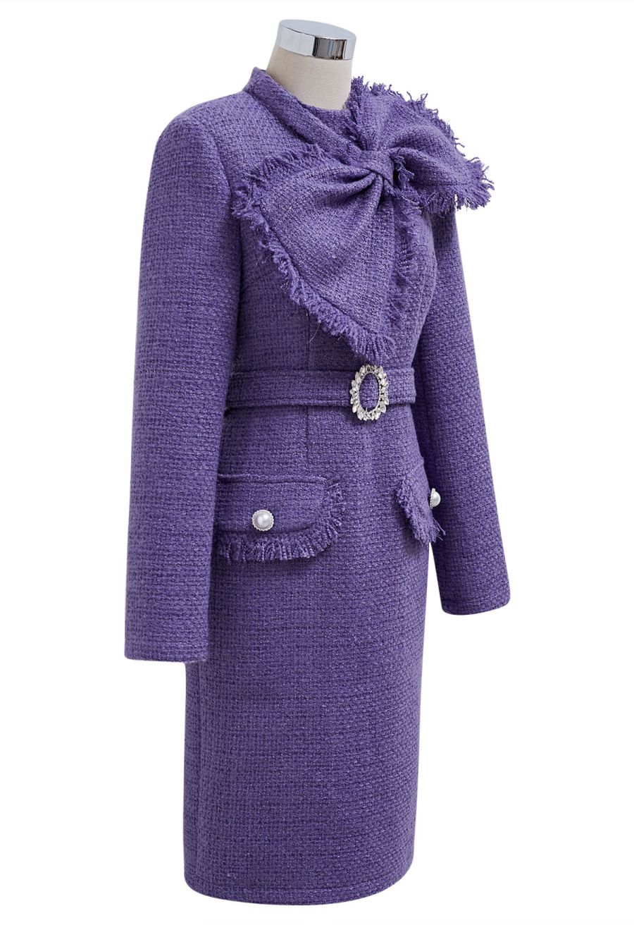 Bowknot Metallic Tweed Belted Dress