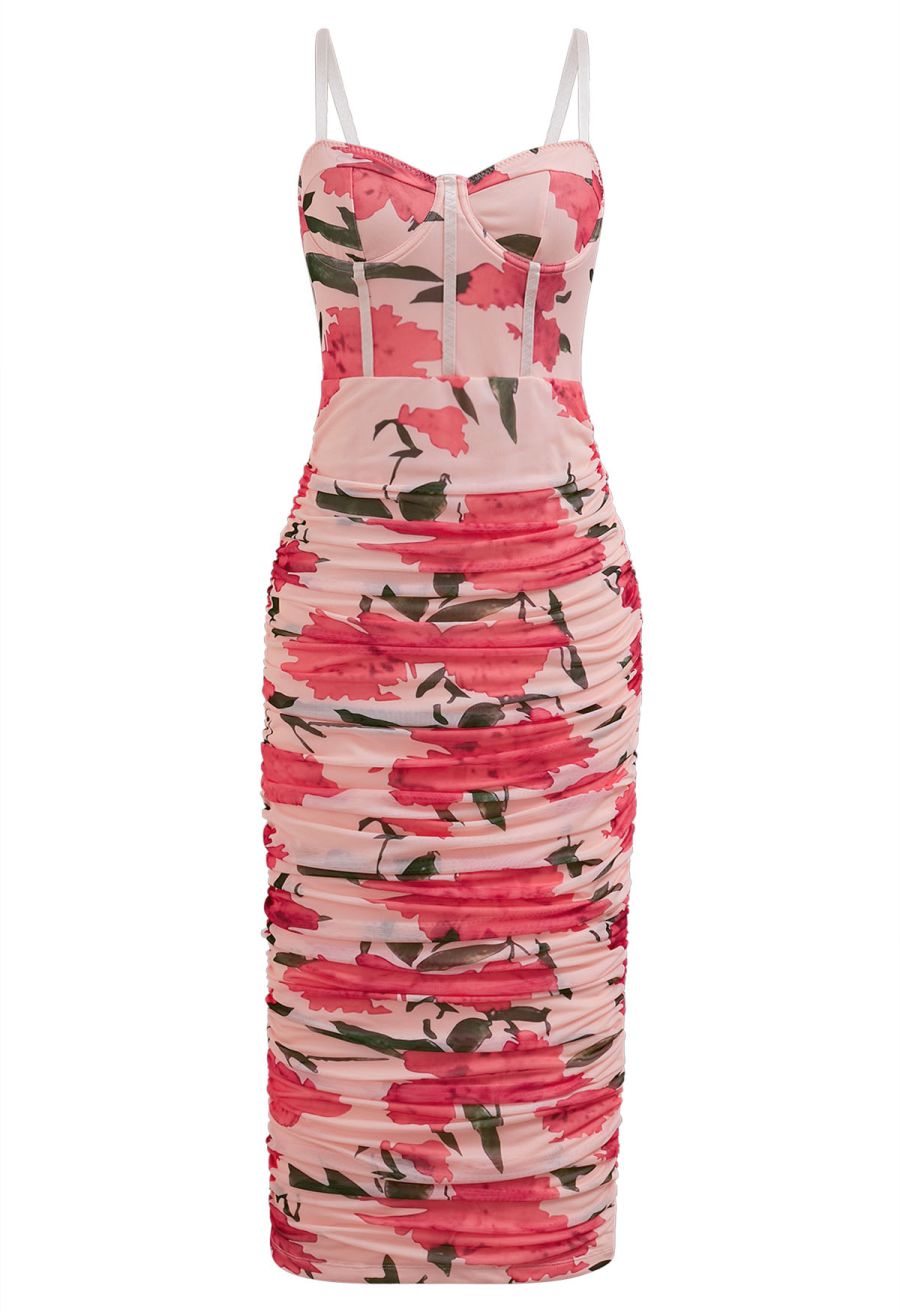 Pink Floral Ruched Mesh Cami Dress