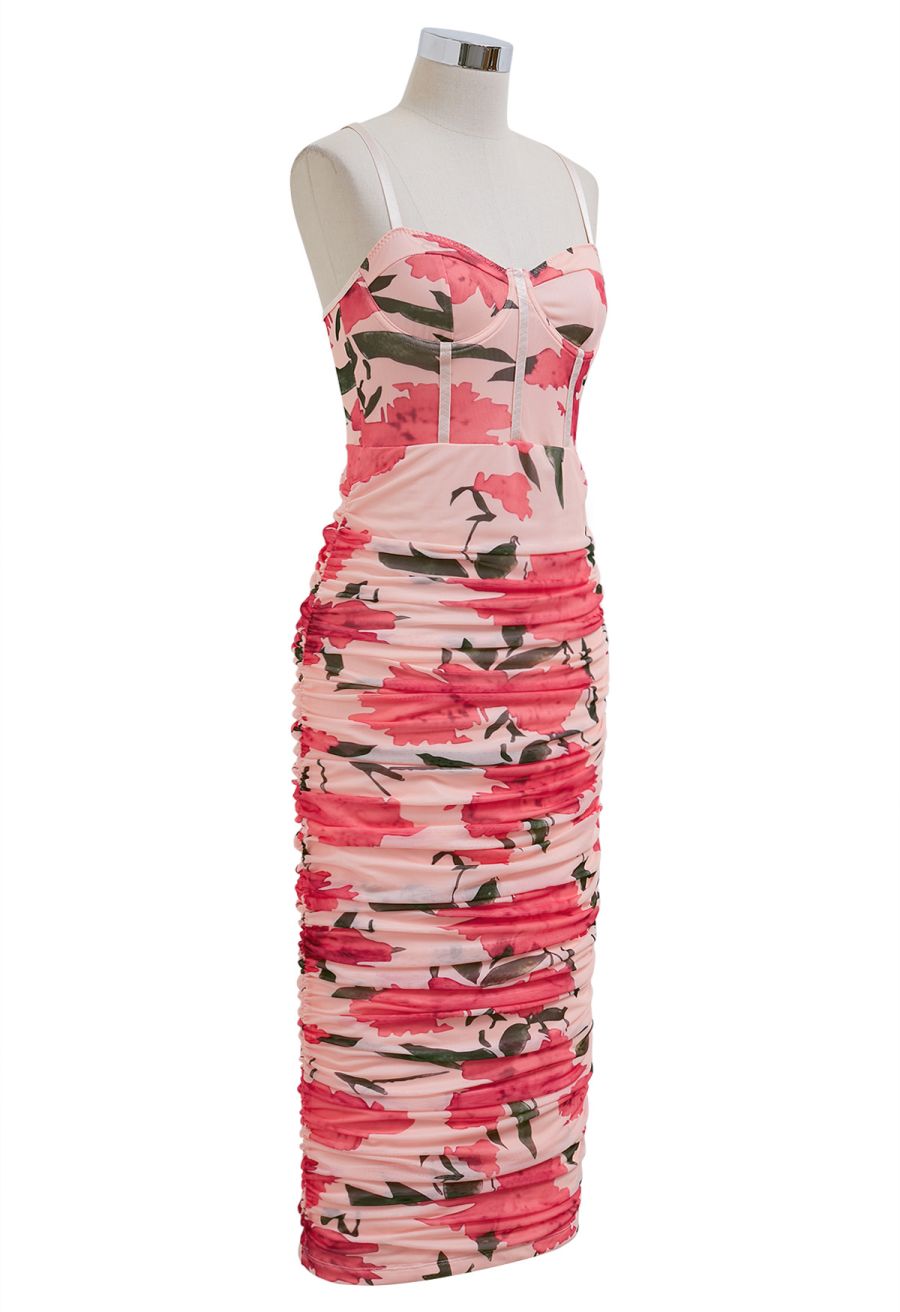 Pink Floral Ruched Mesh Cami Dress