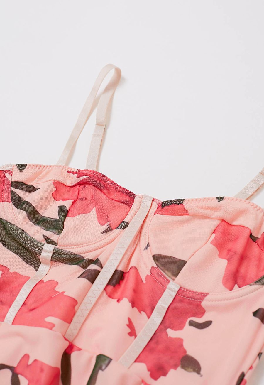 Pink Floral Ruched Mesh Cami Dress
