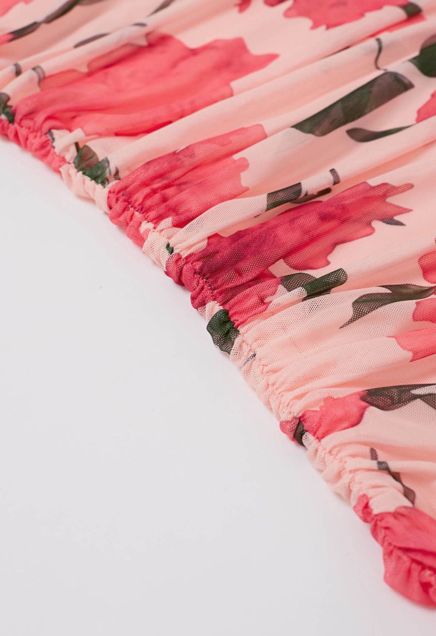 Pink Floral Ruched Mesh Cami Dress
