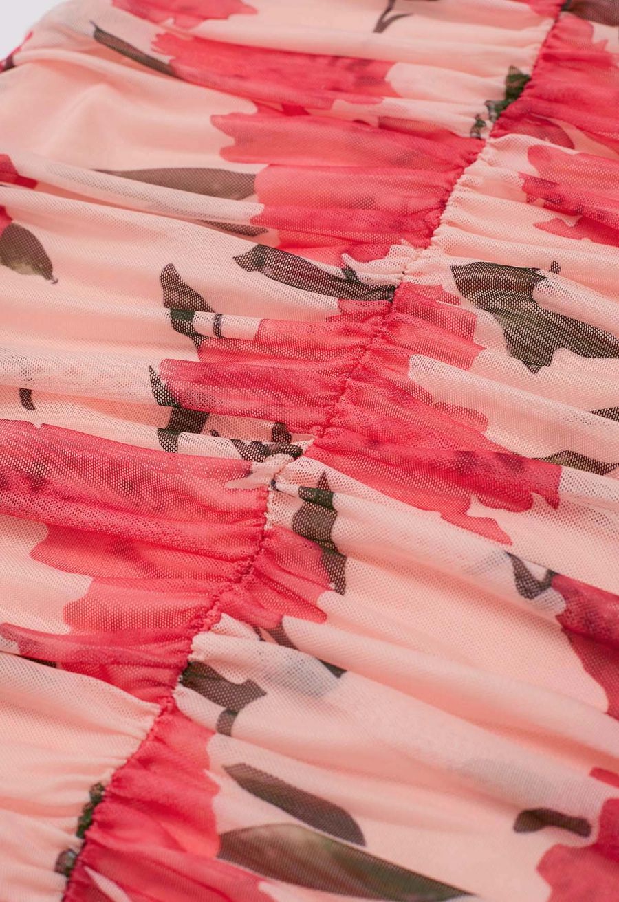 Pink Floral Ruched Mesh Cami Dress