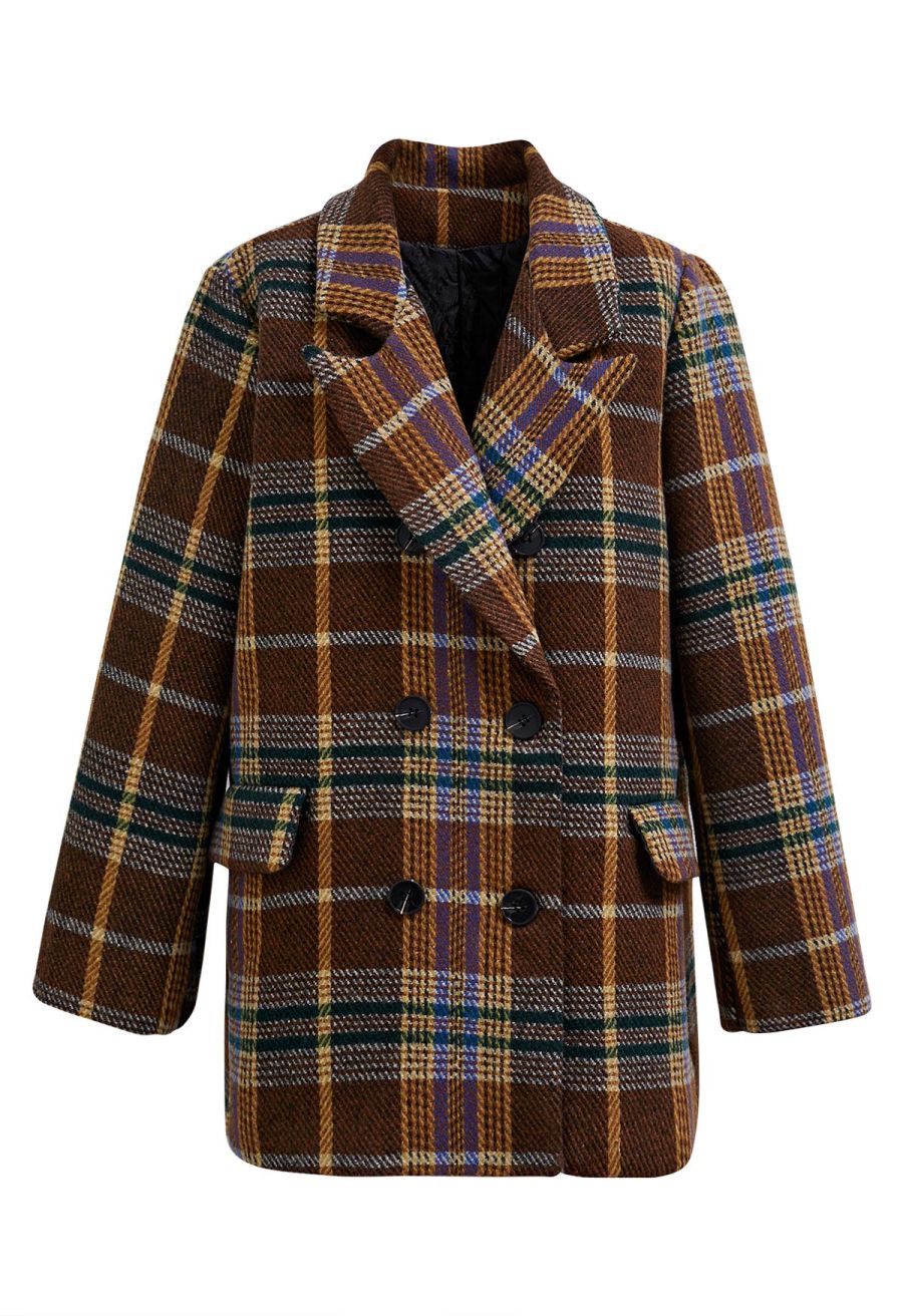 Brown Plaid Double-Breasted Blazer