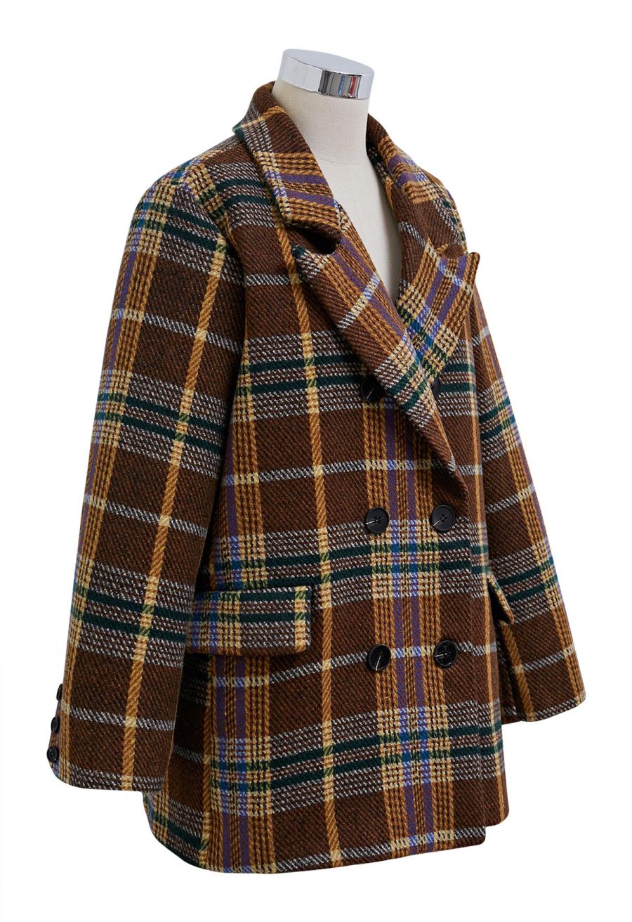 Brown Plaid Double-Breasted Blazer