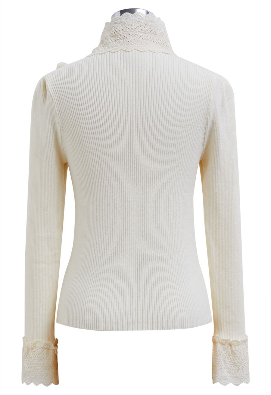 Embroidered Eyelet Bowknot Ribbed Knit Top in Cream