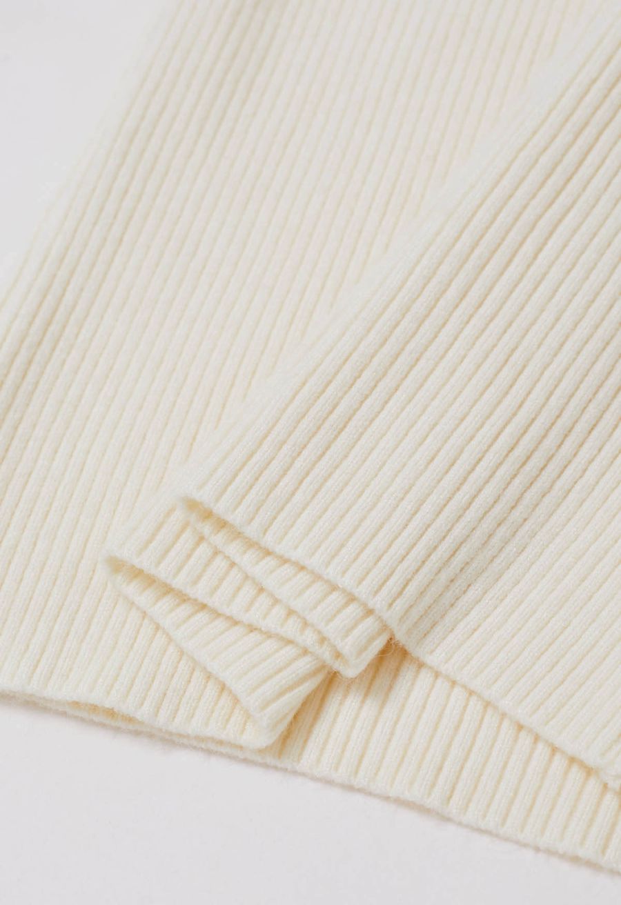 Embroidered Eyelet Bowknot Ribbed Knit Top in Cream