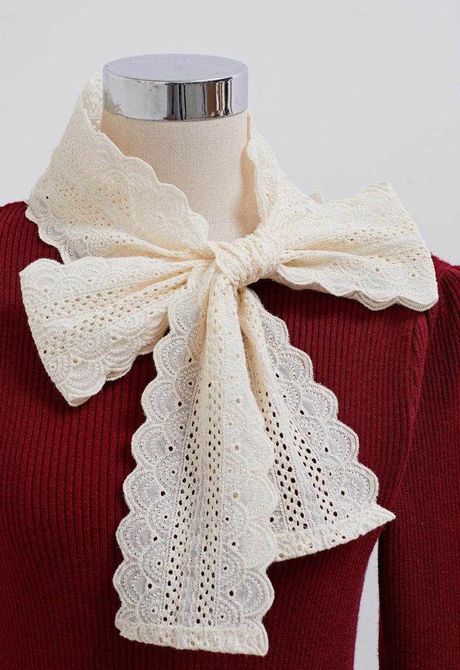 Embroidered Eyelet Bowknot Ribbed Knit Top in Red