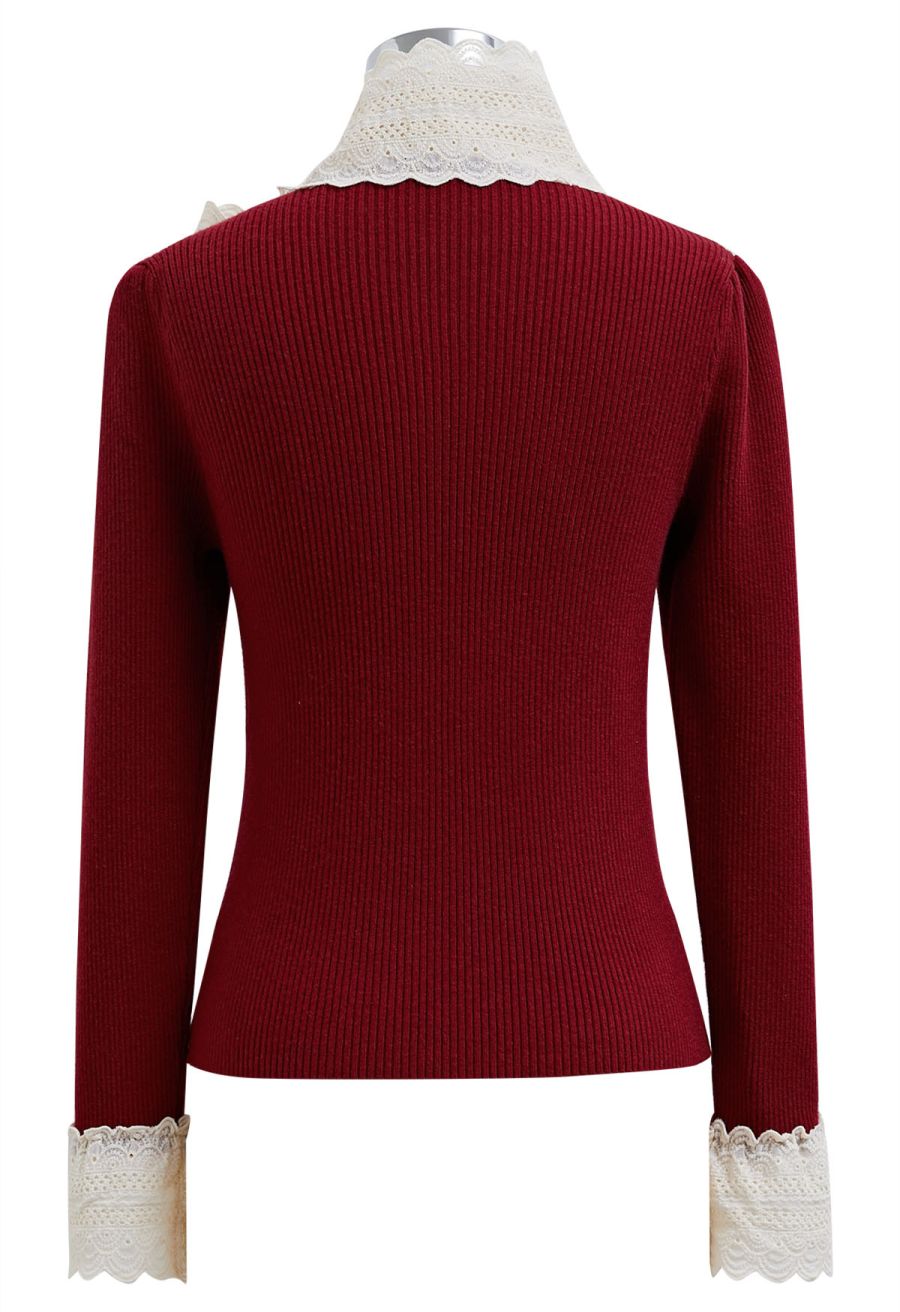 Embroidered Eyelet Bowknot Ribbed Knit Top in Red