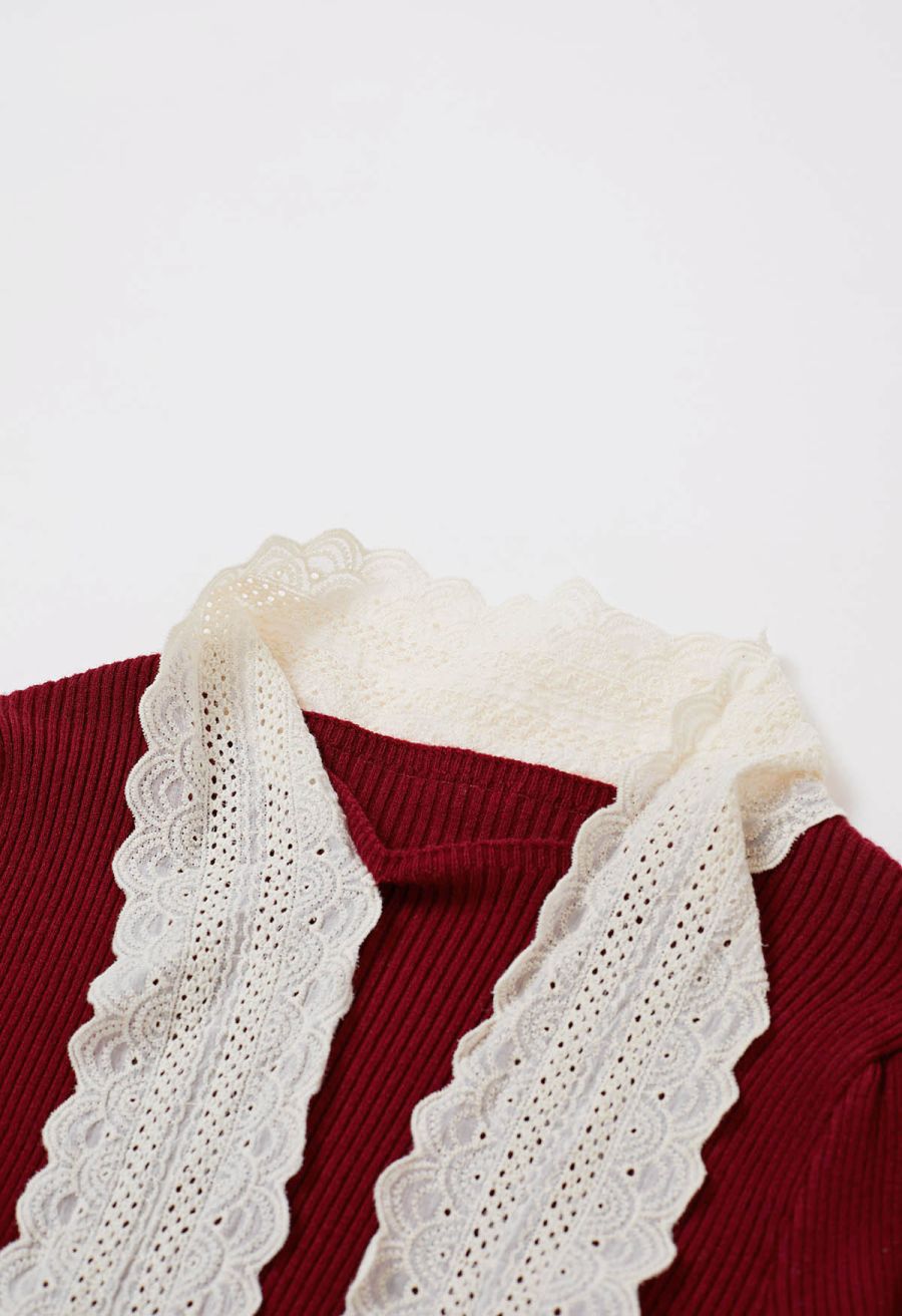 Embroidered Eyelet Bowknot Ribbed Knit Top in Red