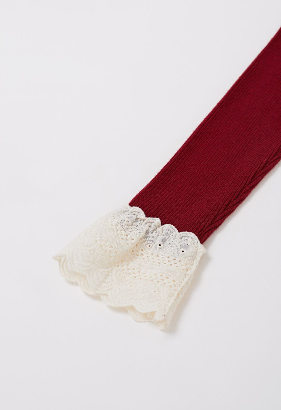 Embroidered Eyelet Bowknot Ribbed Knit Top in Red