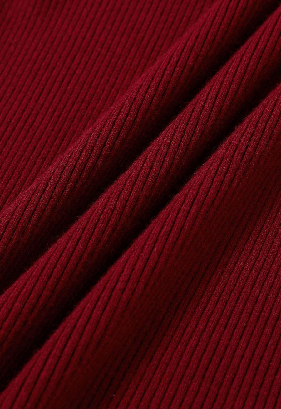 Embroidered Eyelet Bowknot Ribbed Knit Top in Red
