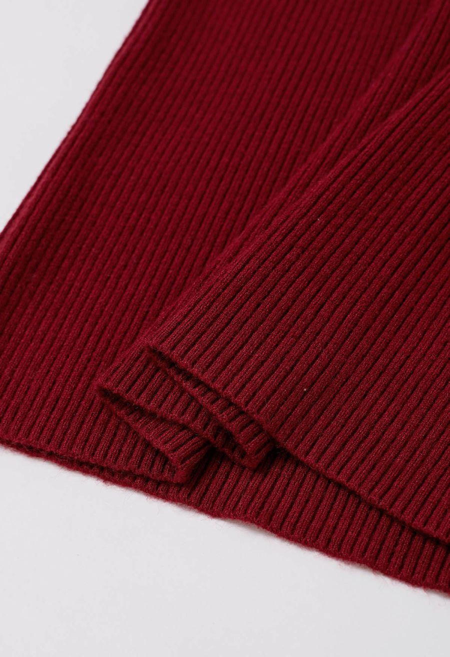 Embroidered Eyelet Bowknot Ribbed Knit Top in Red