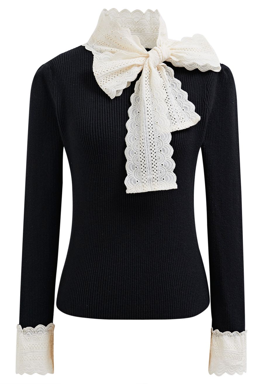 Embroidered Eyelet Bowknot Ribbed Knit Top in Black