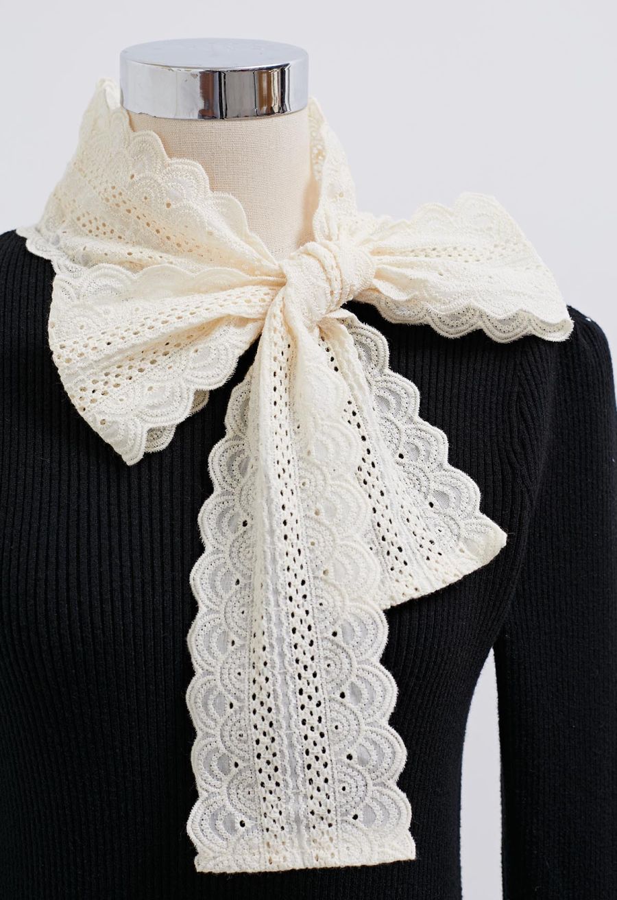 Embroidered Eyelet Bowknot Ribbed Knit Top in Black