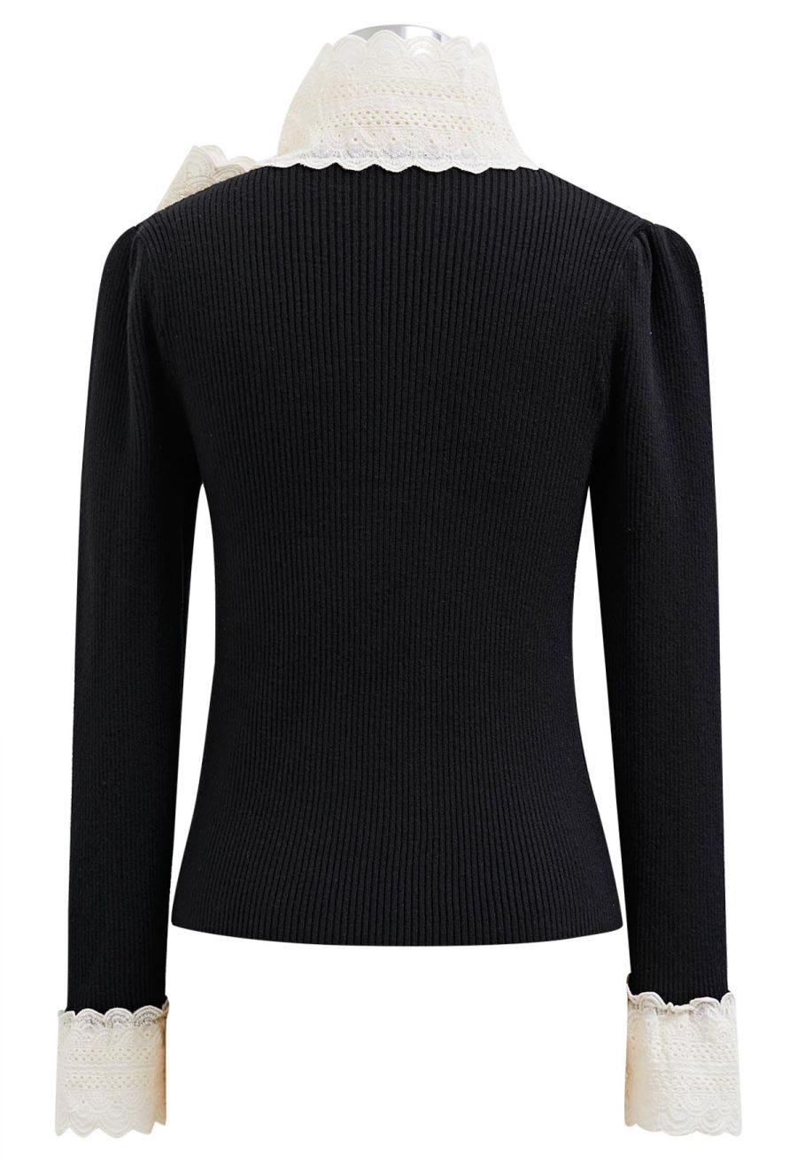 Embroidered Eyelet Bowknot Ribbed Knit Top in Black