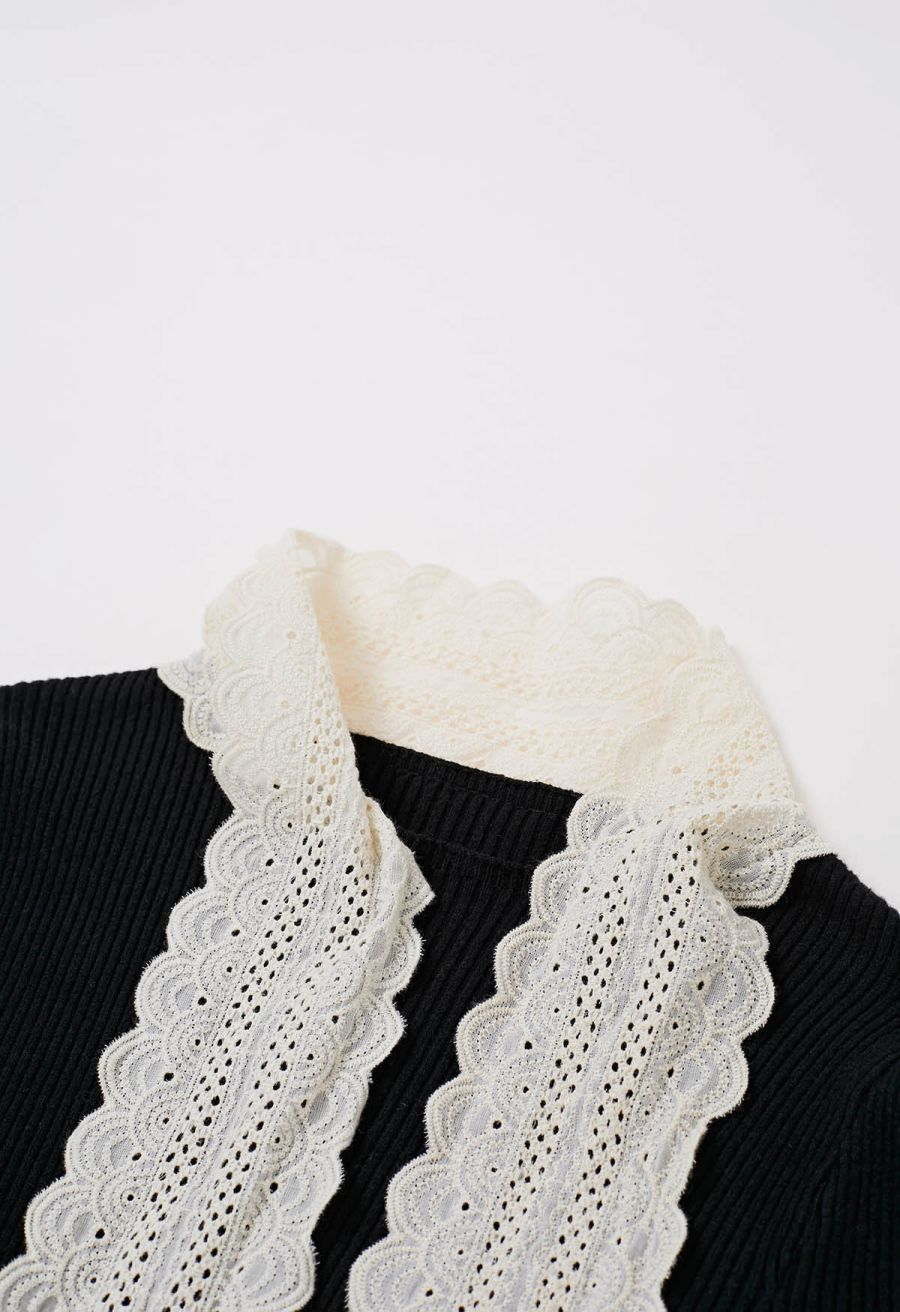 Embroidered Eyelet Bowknot Ribbed Knit Top in Black