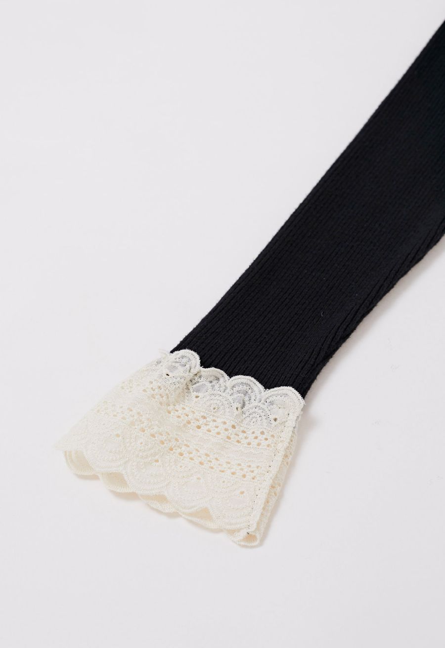 Embroidered Eyelet Bowknot Ribbed Knit Top in Black