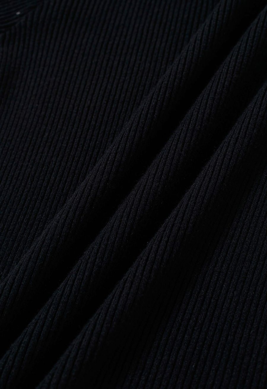 Embroidered Eyelet Bowknot Ribbed Knit Top in Black