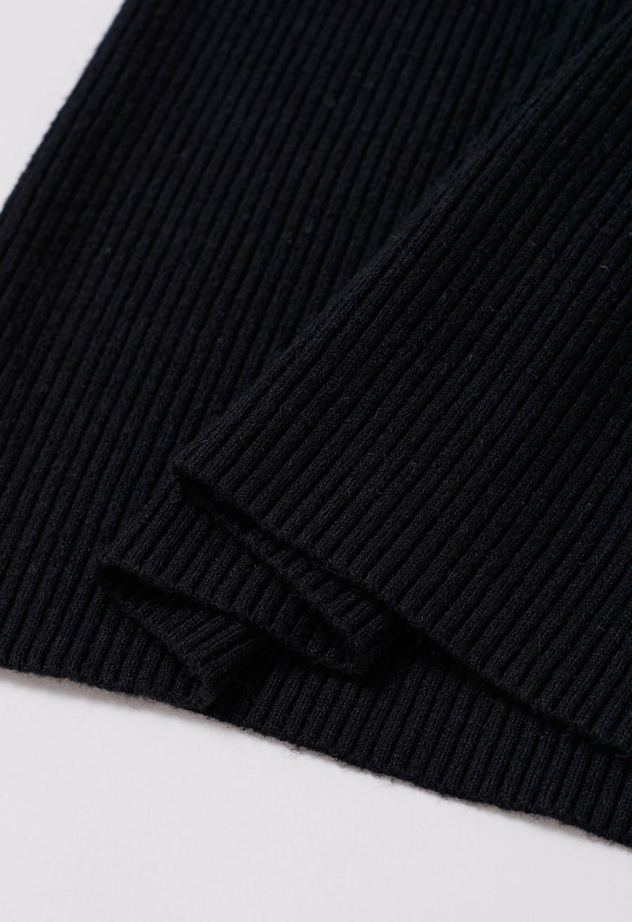 Embroidered Eyelet Bowknot Ribbed Knit Top in Black
