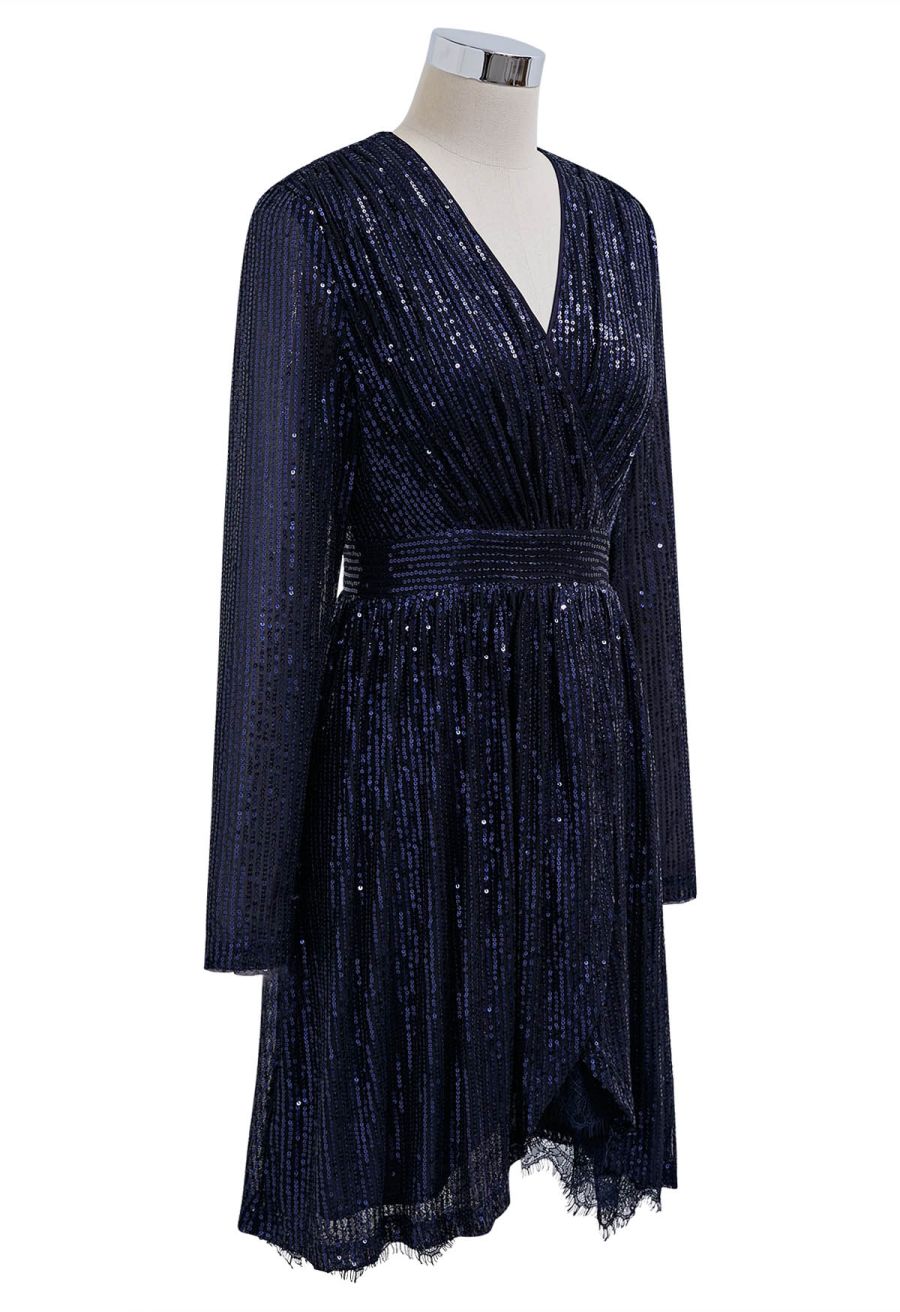 Faux-Wrap Overlap Hem Sequined Dress