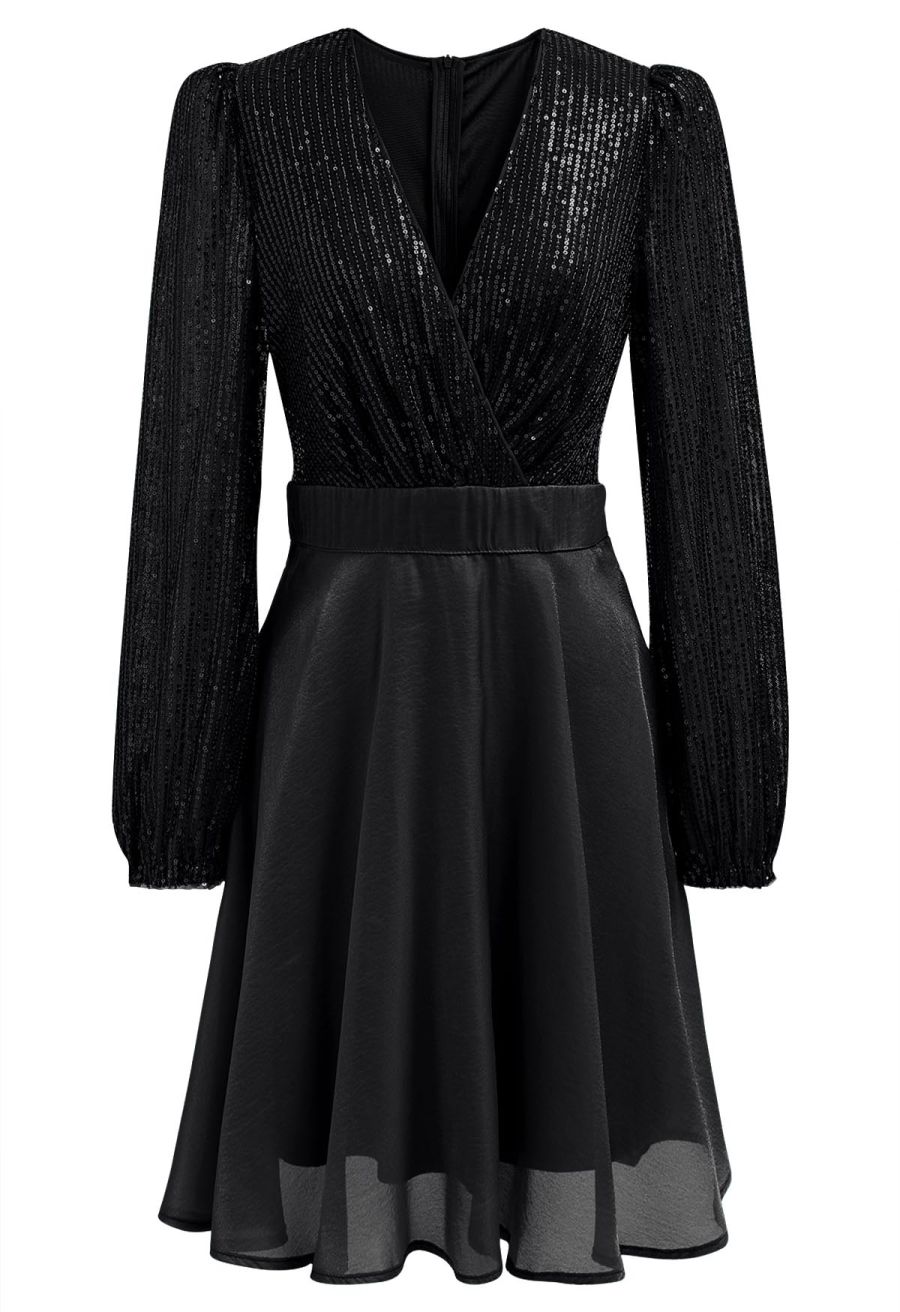 Plunging Spliced Sequined Skater Dress in Black