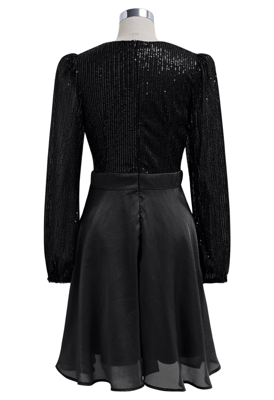 Plunging Spliced Sequined Skater Dress in Black