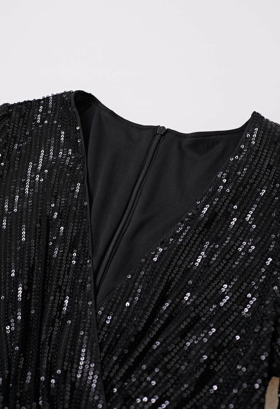 Plunging Spliced Sequined Skater Dress in Black