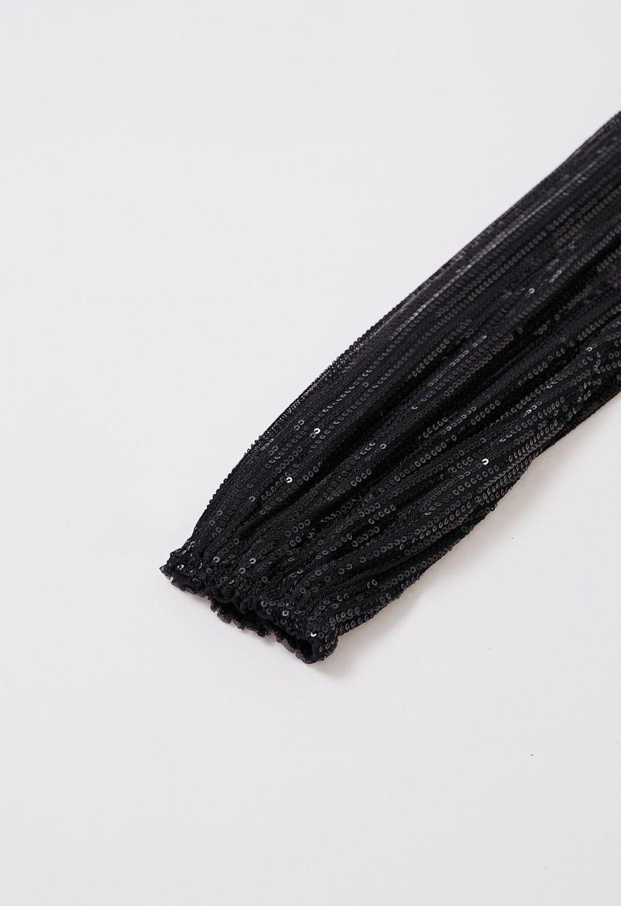 Plunging Spliced Sequined Skater Dress in Black