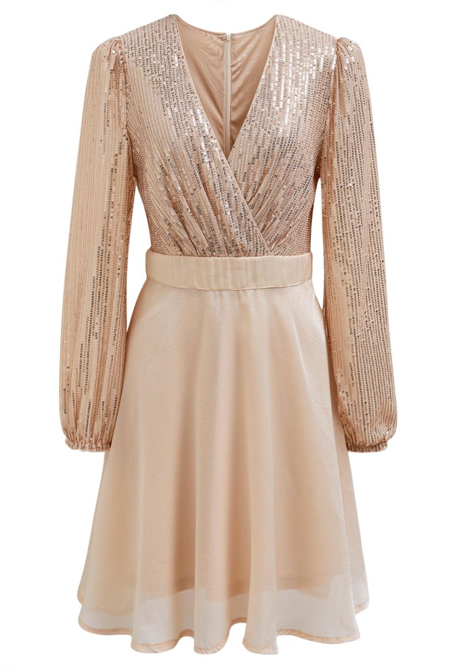 Plunging Spliced Sequined Skater Dress in Apricot