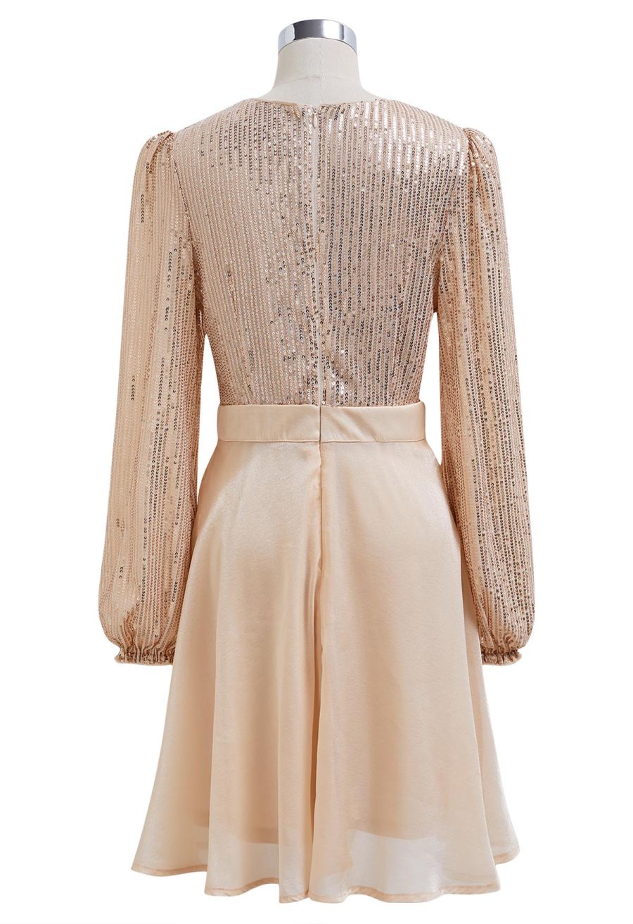 Plunging Spliced Sequined Skater Dress in Apricot