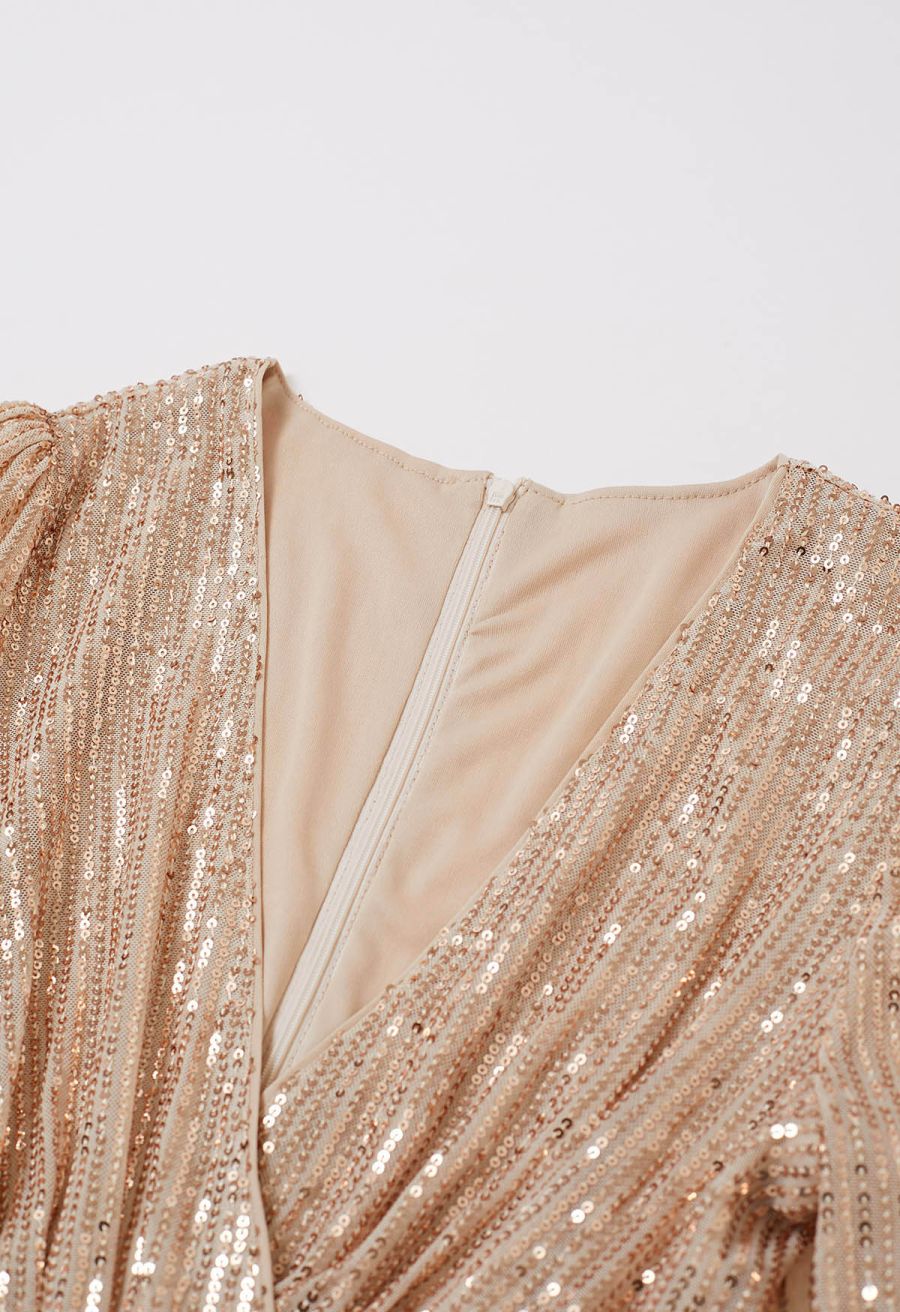 Plunging Spliced Sequined Skater Dress in Apricot
