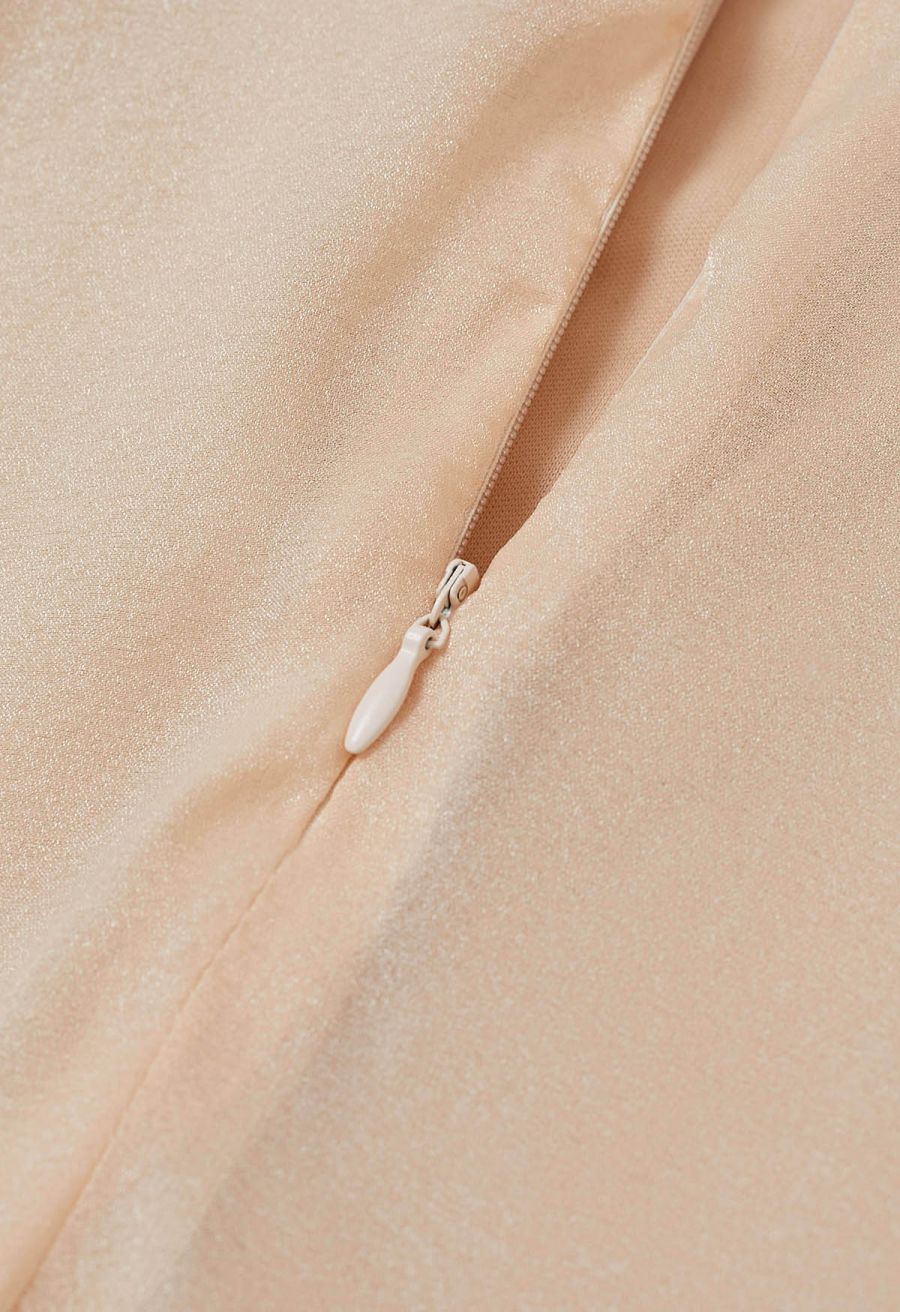 Plunging Spliced Sequined Skater Dress in Apricot