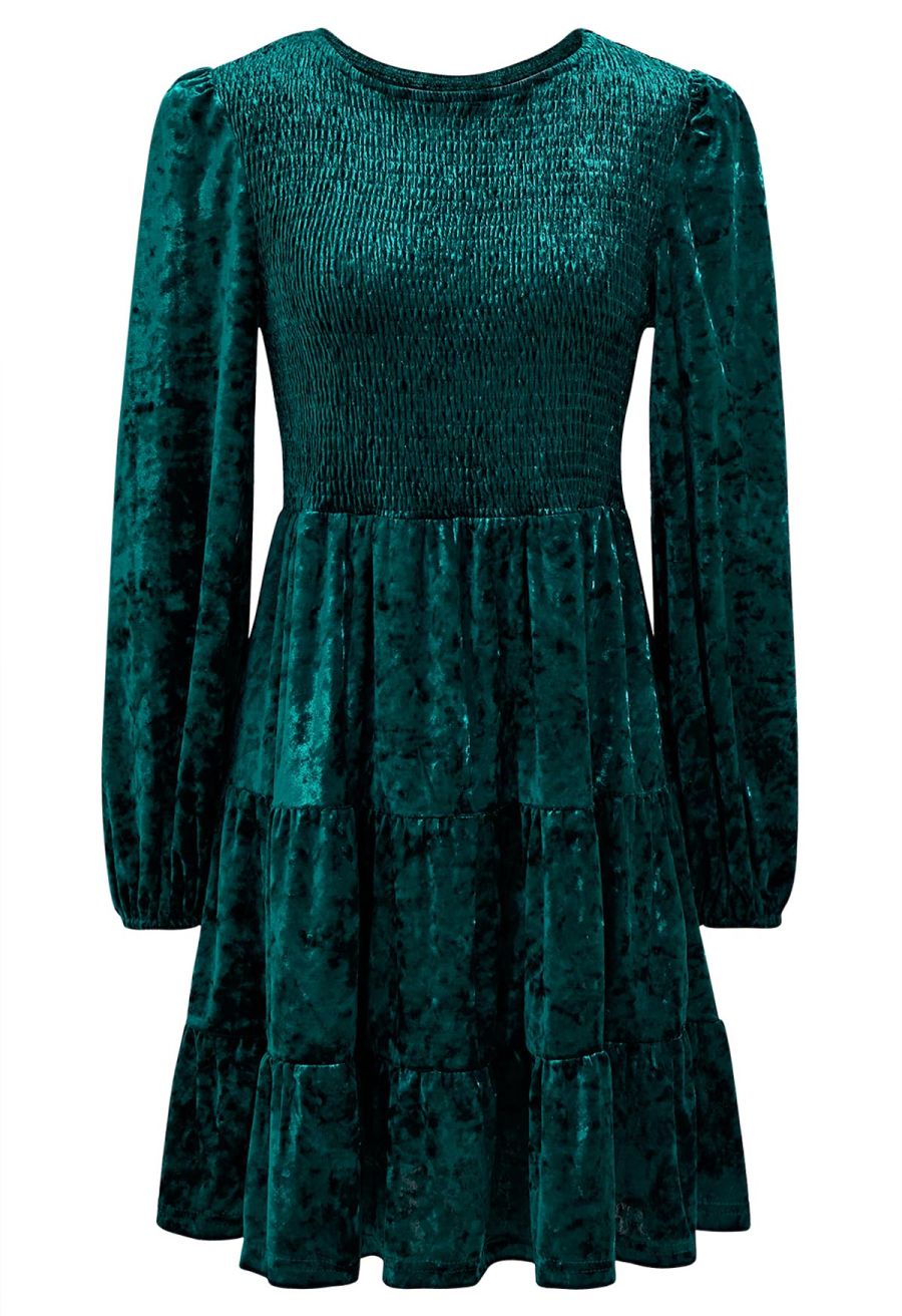 Posh Shirred Velvet Skater Dress in Teal