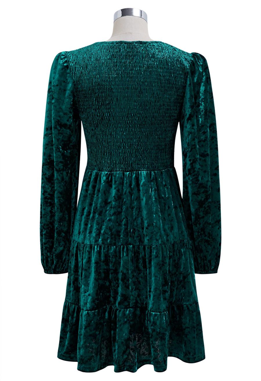 Posh Shirred Velvet Skater Dress in Teal