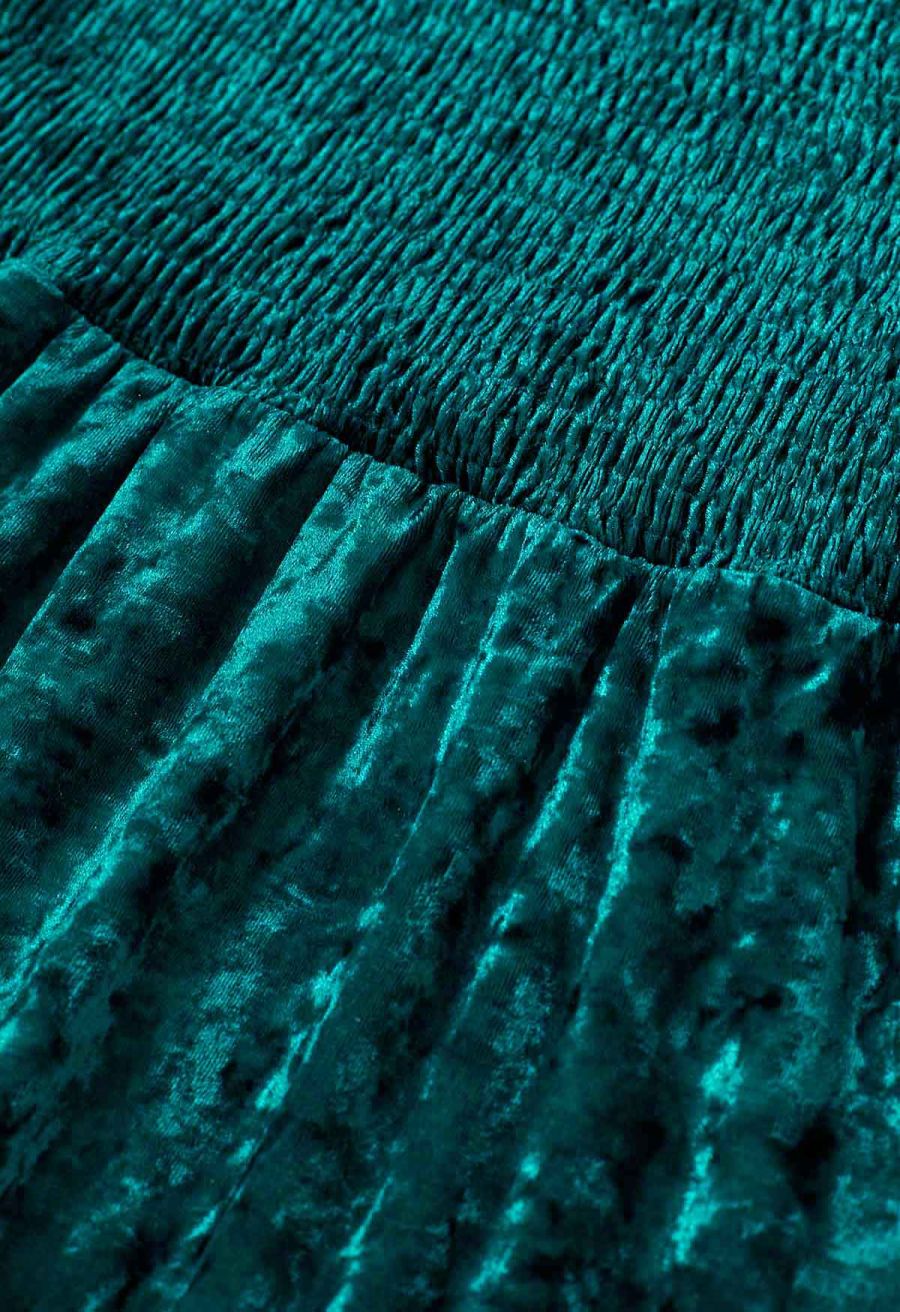 Posh Shirred Velvet Skater Dress in Teal