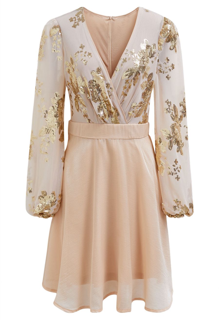 Plunging Spliced Sequined Floral Skater Dress